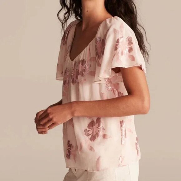 REBECCA TAYLOR Pink Metallic Floral Silk Georgette Flutter Sleeve Blouse, Size M - Picture 4 of 15
